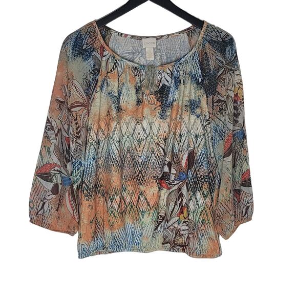 Chico's Top Women Medium Multicolor Print Keyhole 3/4 Sleeve Elastic Hem Cuff‎ - Picture 1 of 8